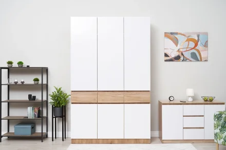 Шкаф трехстворчатый Роджина дуб крафт / белый глянец  