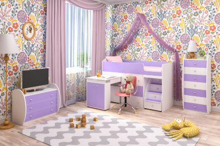 Детская кровать-чердак Малыш, Белое дерево/Ирис  