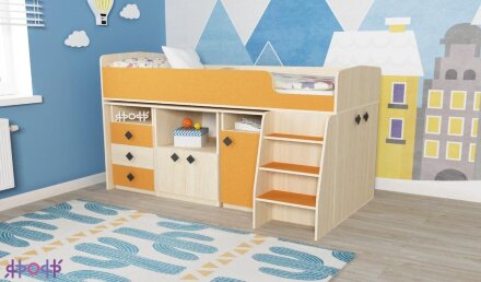 Детская кровать-чердак Малыш 5 дуб/Оранж  
